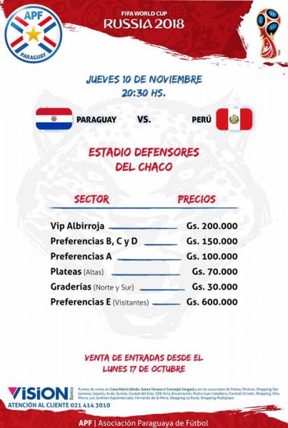 Las localidades con sus respectivos costos para el partido con Perú.