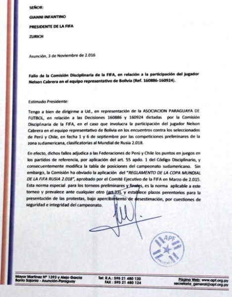 Una parte de la nota enviada a la FIFA este viernes.