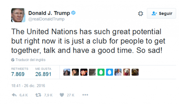Captura de pantalla del tuit del presidente electo Donald Trump, en donde critica a las NN.UU.