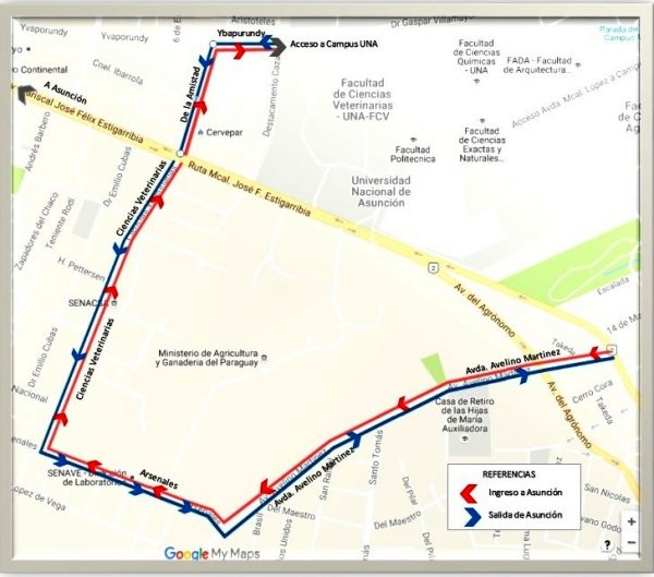 Mapa emitido por el MOPC para que los ciudadanos sepan los desvíos disponibles mientras duren las obras del metrobús en la zona del Campus de la UNA Foto: Gentileza MOPC