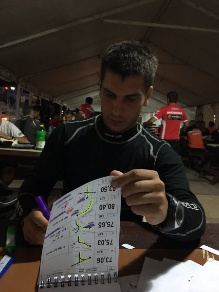 Juan José Sanchez, copiloto de Beto Recalde, preparando la etapa de la mañana siguiente. Foto Dakar.