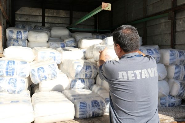 Funcionario de la Detave realizando la inspección de las bolsas de azúcar Foto: DGA