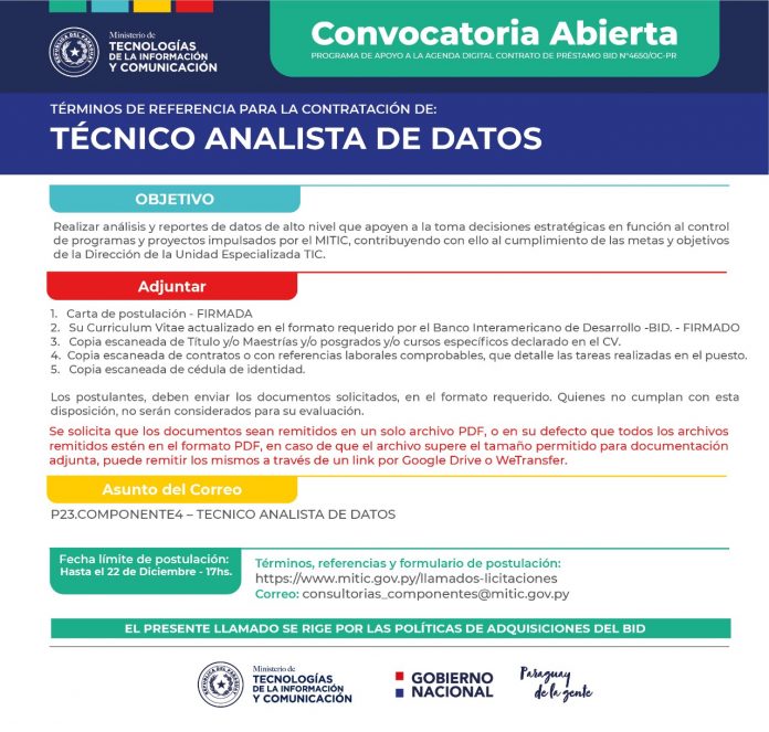 convocatoria abierta, Mitic, Técnico Analista de Datos,
